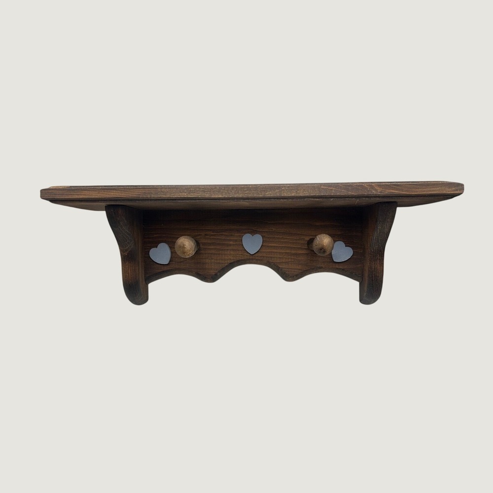 Vintage Handmade Rustic Wooden Wall Two Peg Shelf Blue Heart Accents Dark Brown